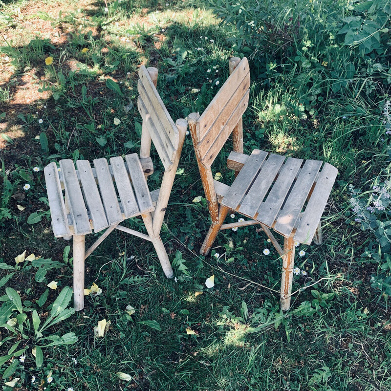 Paire de chaises de jardin vintage pour enfant en bois