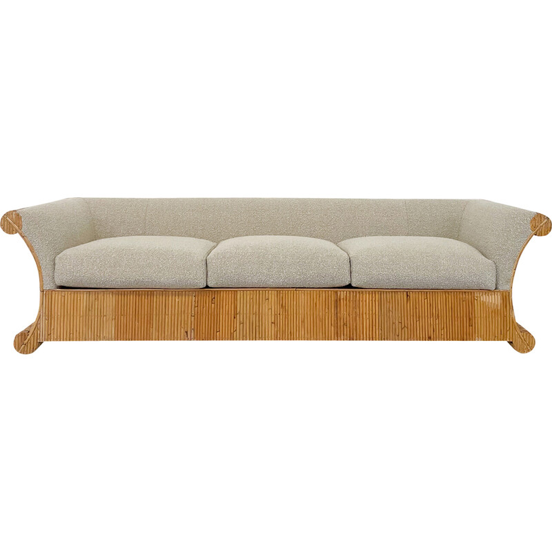 Mid-century three seater in beige boucle fabric and rattan, Italy 1960s