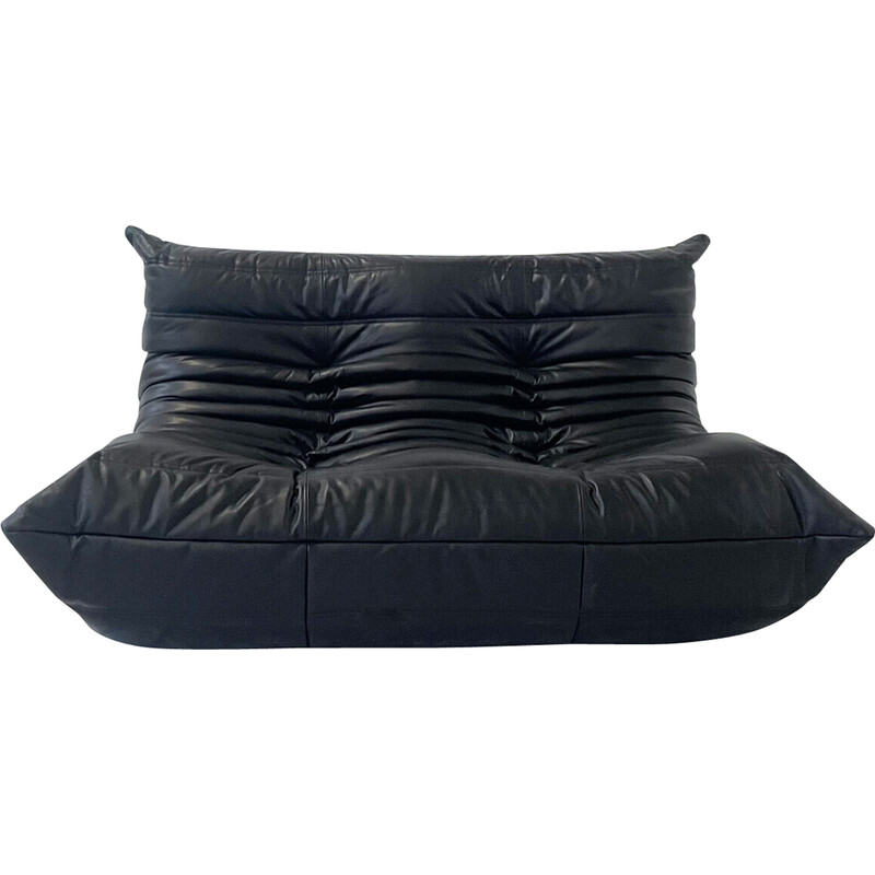 Canapé vintage "Togo" en cuir noir par Michel Ducaroy pour Ligne Roset, 1970