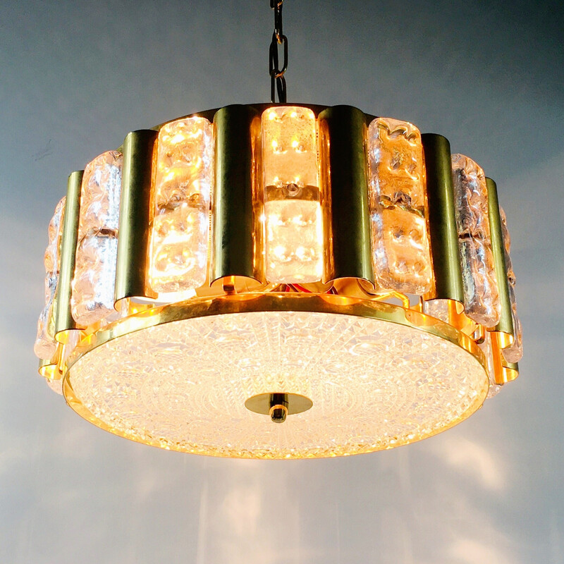 Vintage Scandinavian glass and brass chandelier by Carl Fagerlund for Lyfa and Orrefors, 1960