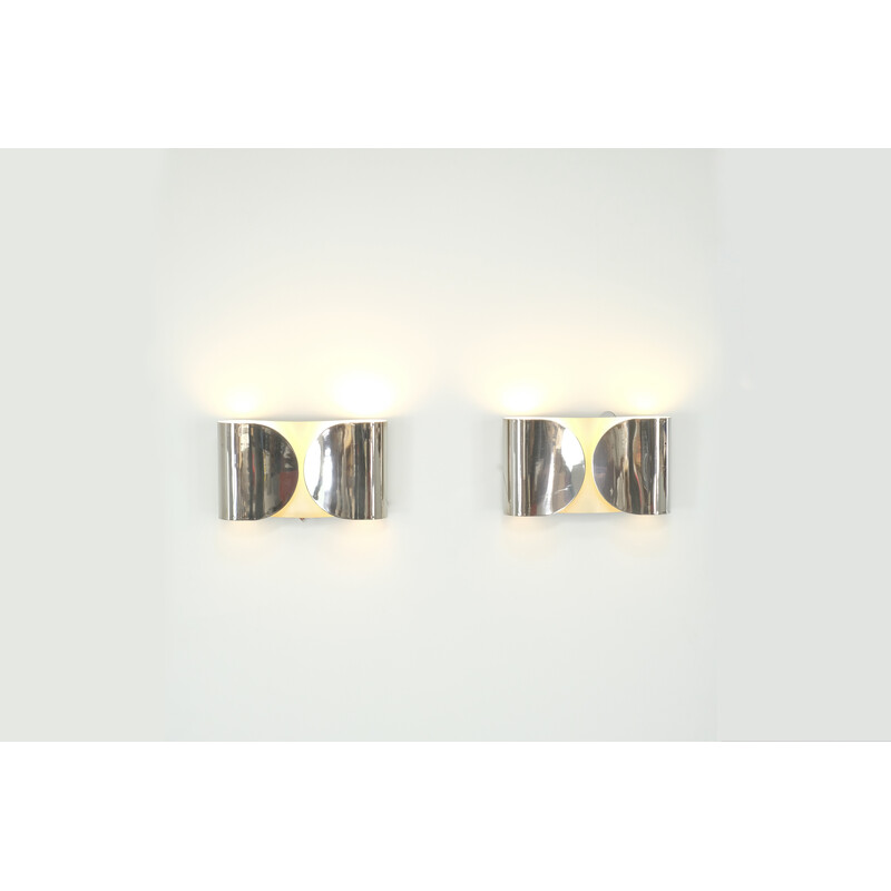 Pair of vintage "Foglio" wall lamps in chromed metal by Tobia Scarpa, Italy 1966