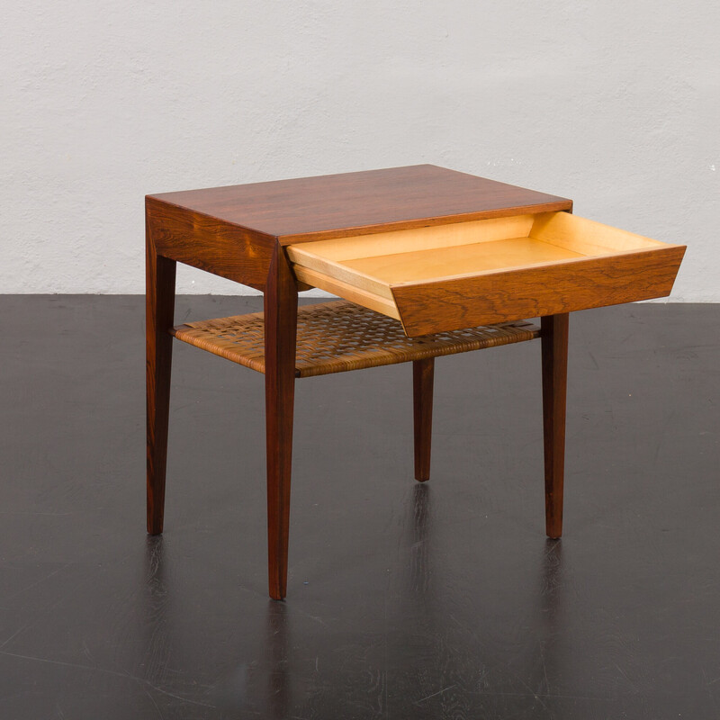 Vintage rosewood and rattan side table with hidden drawer by Severin Hansen for Haslev, Denmark 1960