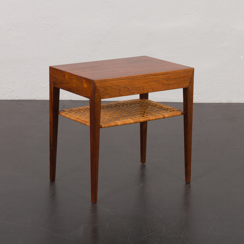 Vintage rosewood and rattan side table with hidden drawer by Severin Hansen for Haslev, Denmark 1960