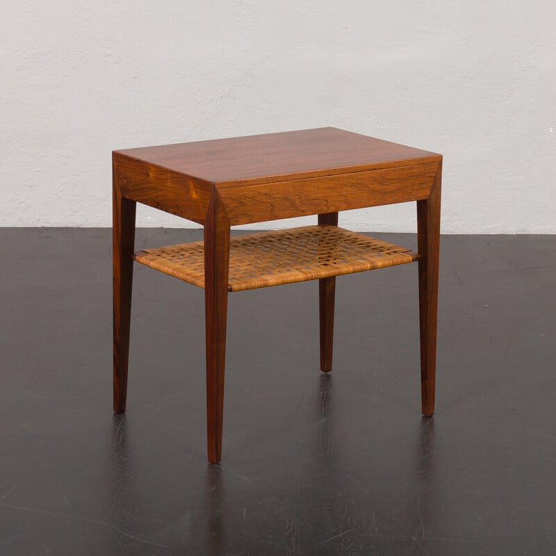 Vintage rosewood and rattan side table with hidden drawer by Severin Hansen for Haslev, Denmark 1960