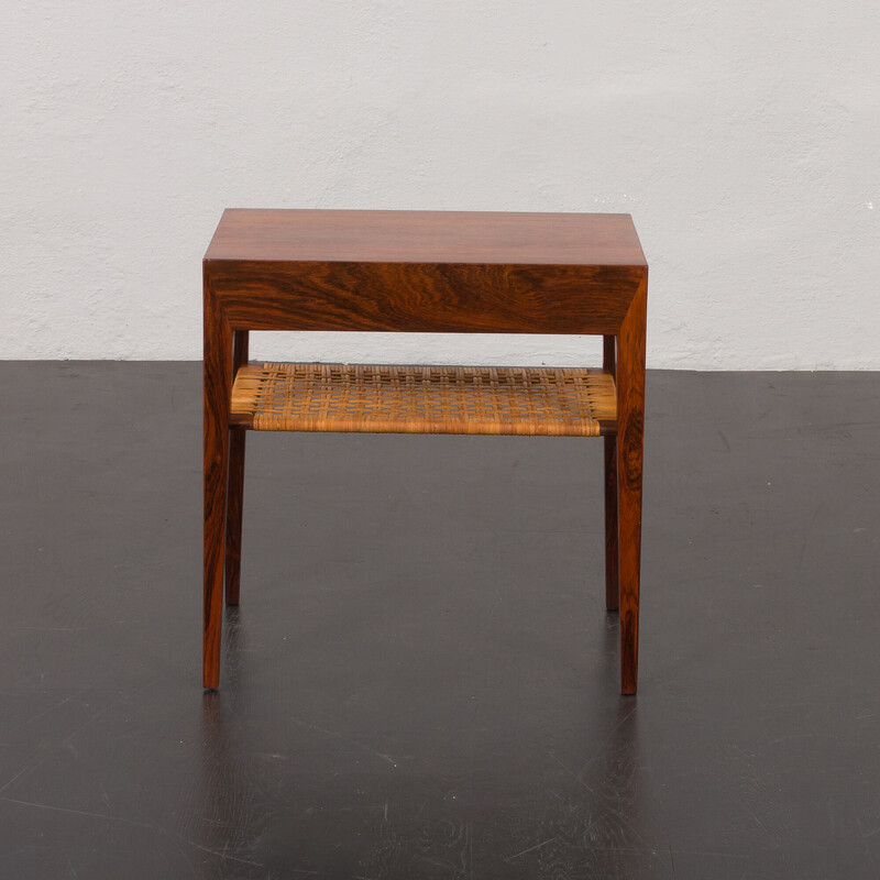 Vintage rosewood and rattan side table with hidden drawer by Severin Hansen for Haslev, Denmark 1960