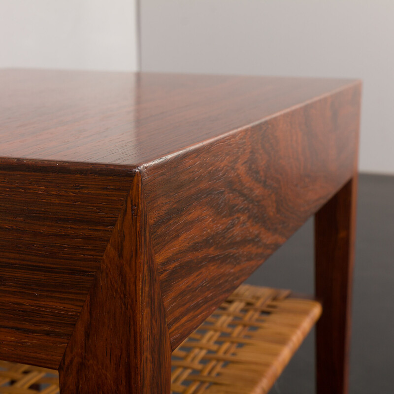 Vintage rosewood and rattan side table with hidden drawer by Severin Hansen for Haslev, Denmark 1960