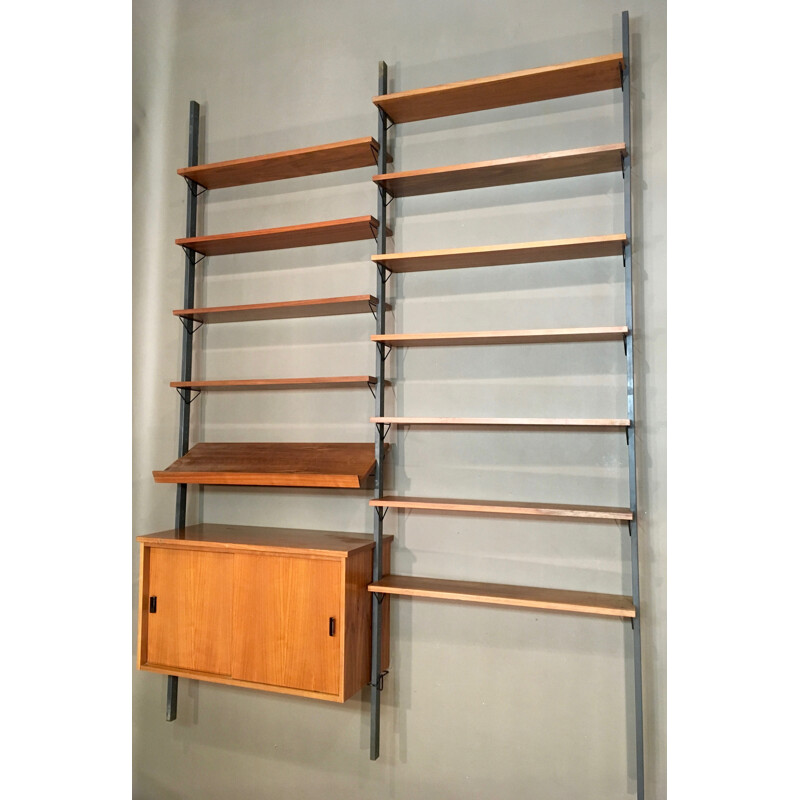 Teak and metal modular shelving system with 11 shelves - 1950s