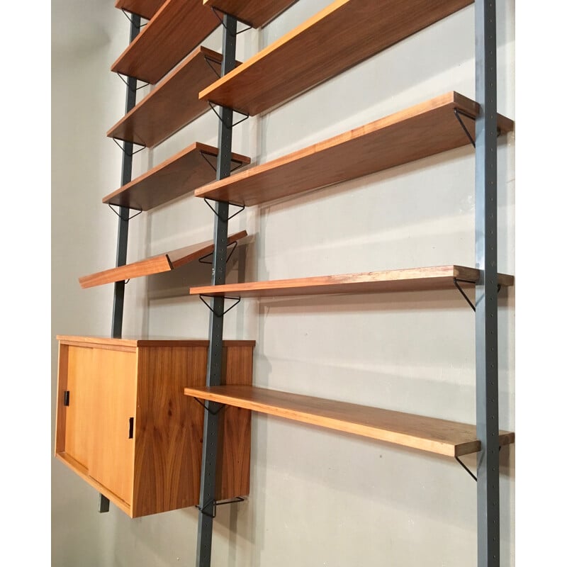Teak and metal modular shelving system with 11 shelves - 1950s