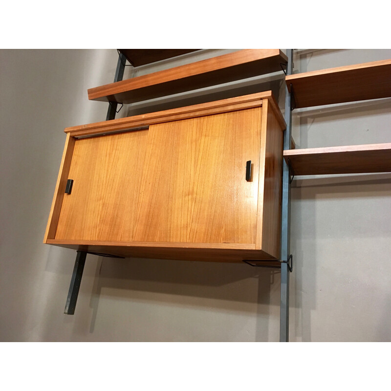 Teak and metal modular shelving system with 11 shelves - 1950s