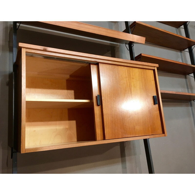 Teak and metal modular shelving system with 11 shelves - 1950s