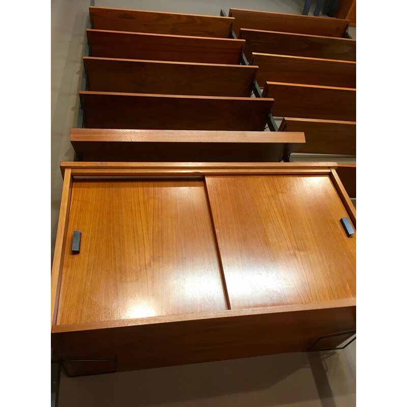 Teak and metal modular shelving system with 11 shelves - 1950s