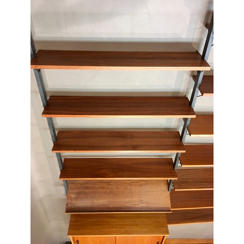 Teak and metal modular shelving system with 11 shelves - 1950s