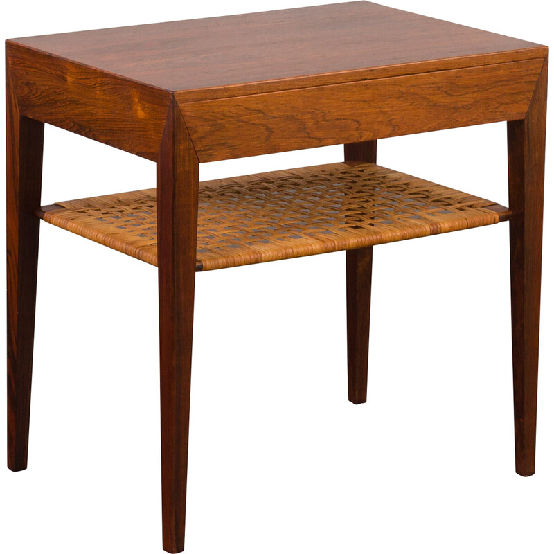 Vintage rosewood and rattan side table with hidden drawer by Severin Hansen for Haslev, Denmark 1960