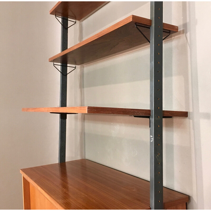 Teak and metal modular shelving unit with 5 shelves - 1950s