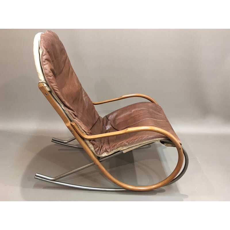 Mid century brown leather rocking chair - 1960s