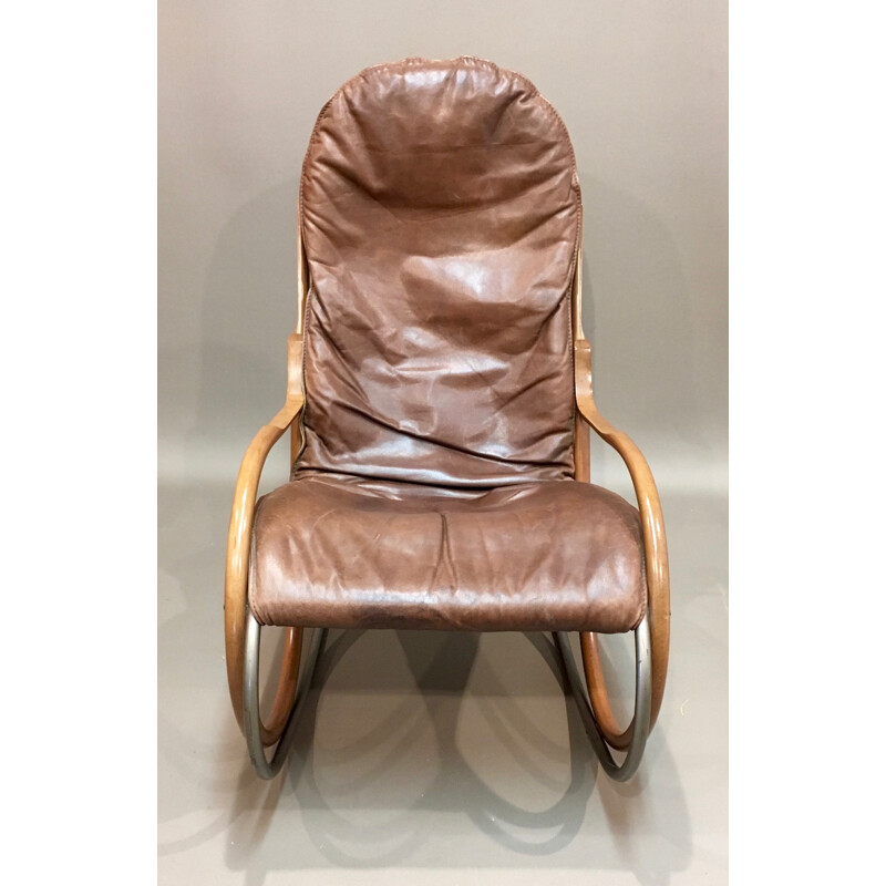 Mid century brown leather rocking chair - 1960s