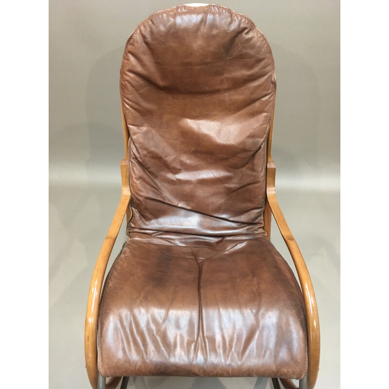 Mid century brown leather rocking chair - 1960s