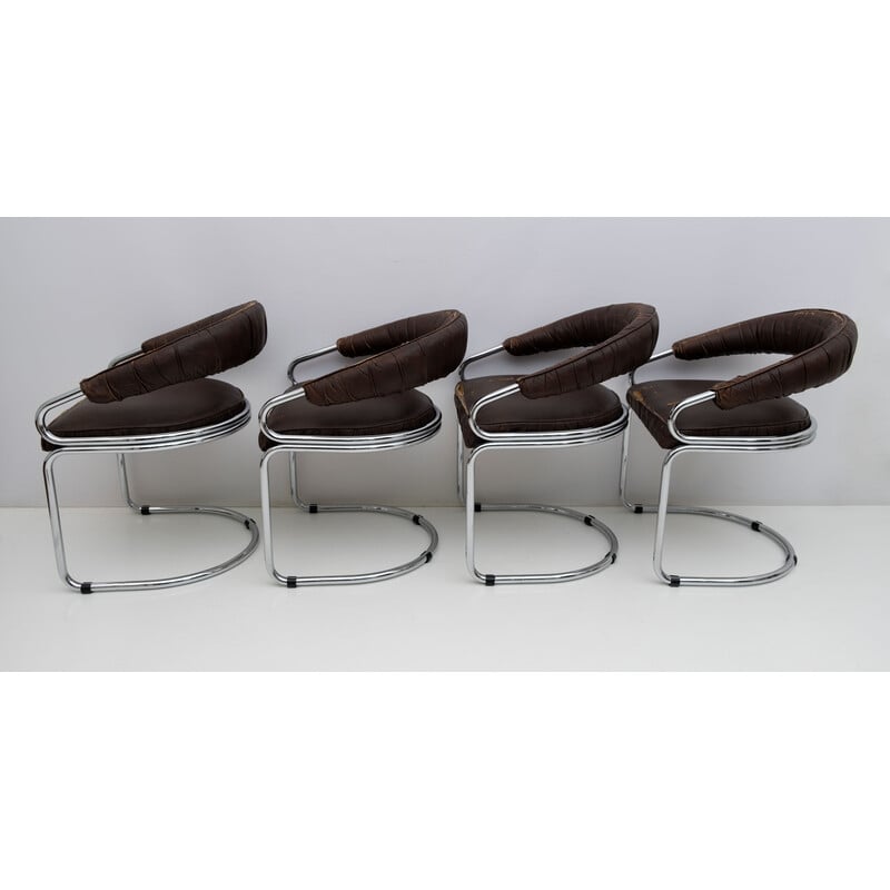 Set of 4 vintage chrome and eco-leather dining chairs by Giotto Stoppino for Kartell, 1970s