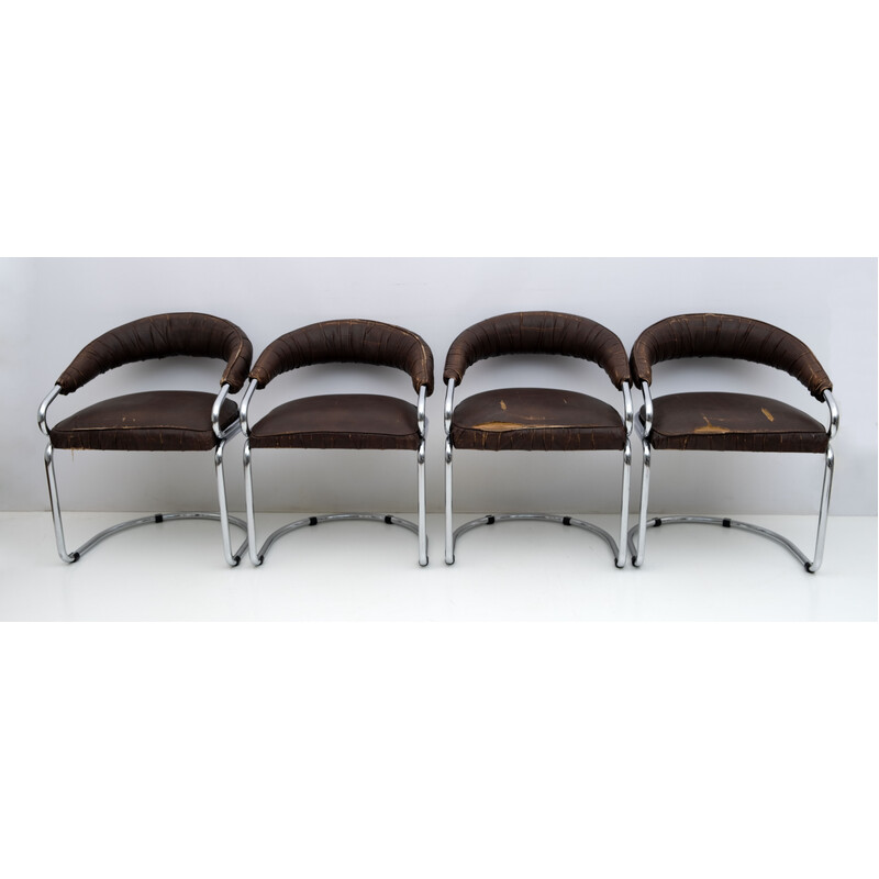 Set of 4 vintage chrome and eco-leather dining chairs by Giotto Stoppino for Kartell, 1970s