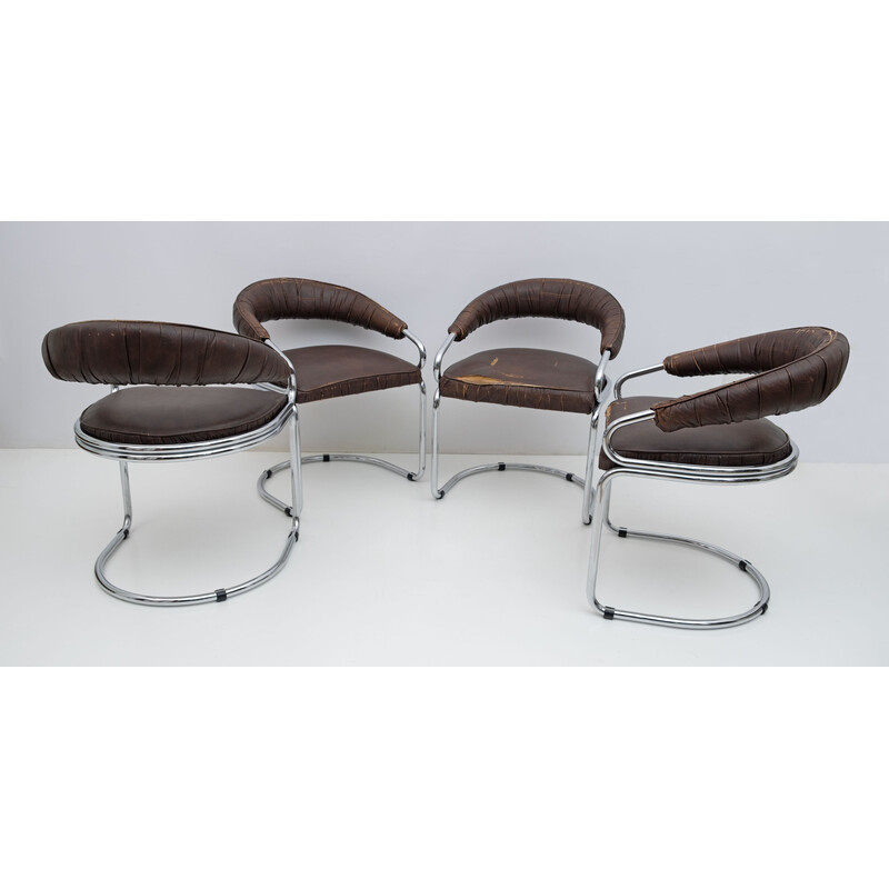 Set of 4 vintage chrome and eco-leather dining chairs by Giotto Stoppino for Kartell, 1970s