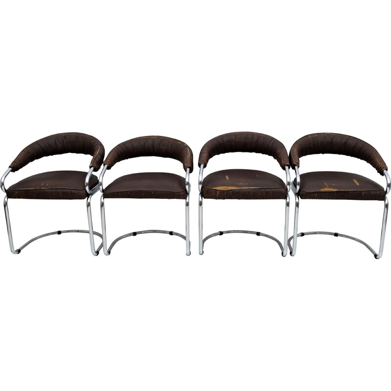 Conjunto de 4 cadeiras de jantar vintage cromadas e em couro ecológico de Giotto Stoppino para a Kartell, década de 1970
