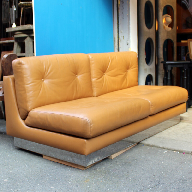 Sofa in leather and chromed steel by Pierre Folie produced by Jacques Charpentier - 1970s