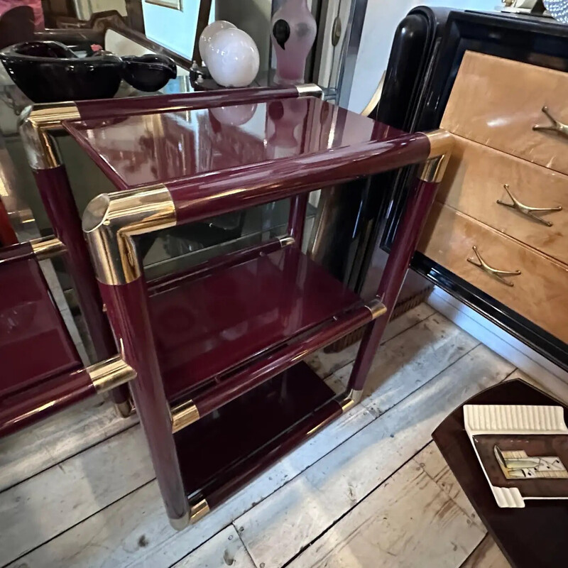 Vintage console in brass and burgundy lacquered wood, Italy 1970