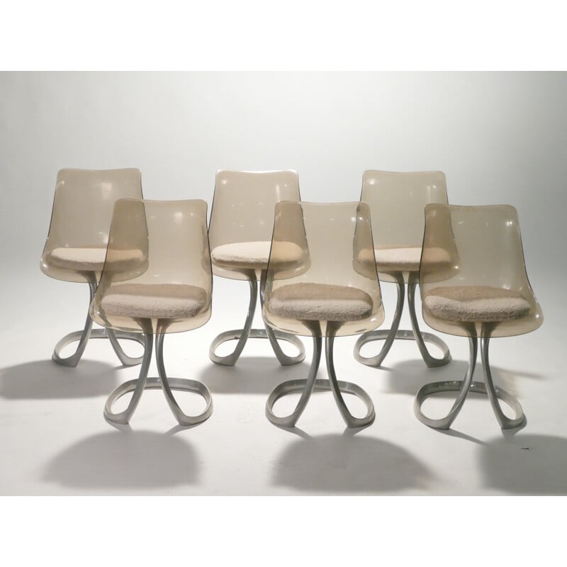 Lot de 6 chaises marron en plexiglas et en acier de Michel Charron - 1970