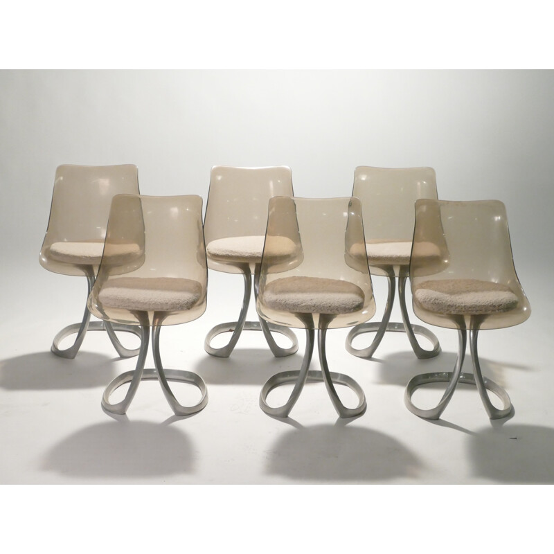 Set of 6 chairs in steel and plexiglas by Michel Charron - 1970s