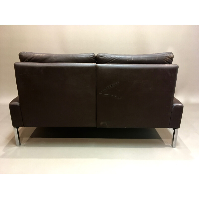 2 seater leather and chromed metal sofa - 1960s