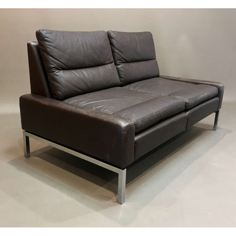 2 seater leather and chromed metal sofa - 1960s