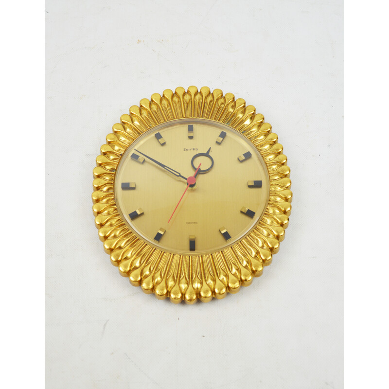 Horloge suspendue vintage en laiton doré pour Zentra, Allemagne 1960