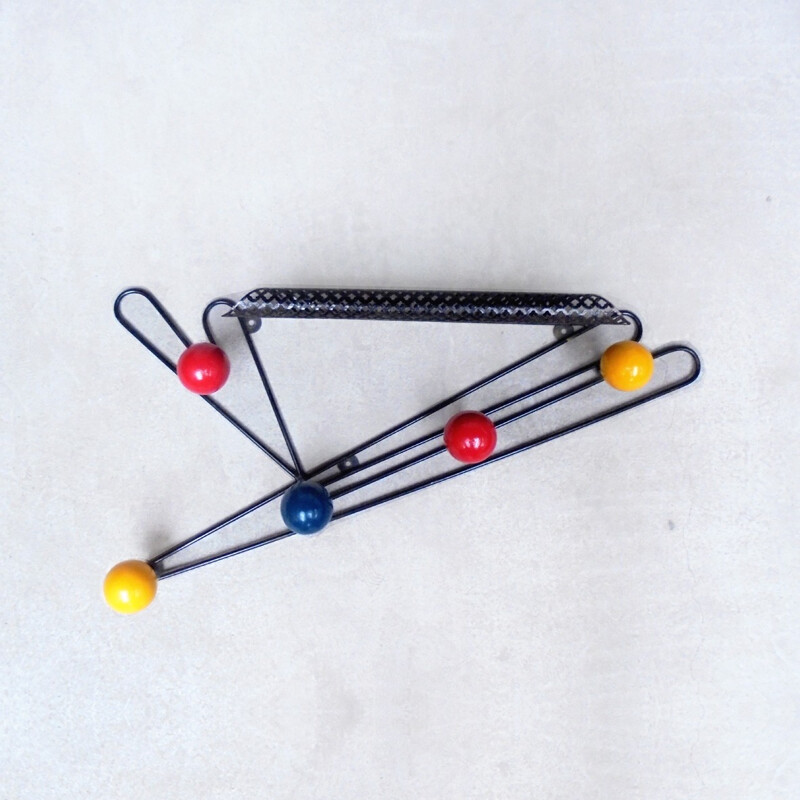 Steel coat rack and multicolored coat hook - 1950s 