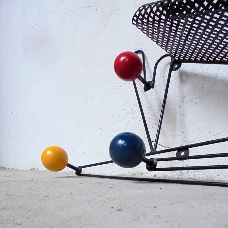 Steel coat rack and multicolored coat hook - 1950s 