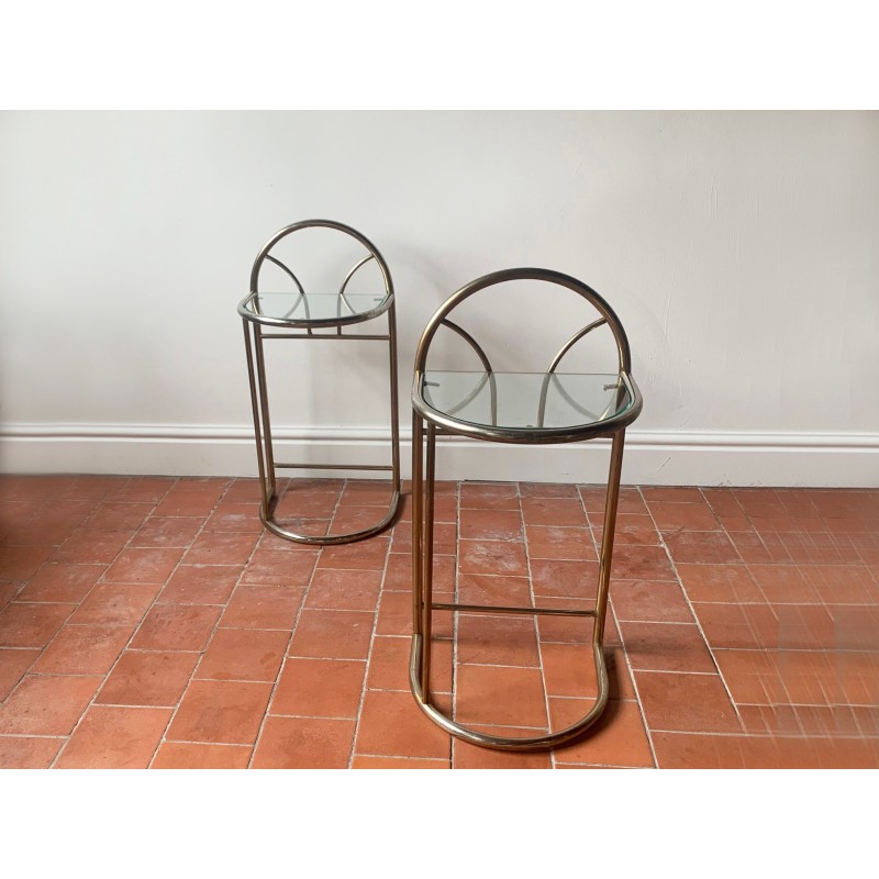 Pair of vintage Art Deco bedside tables in gold-tinted chrome and glass, France 1970