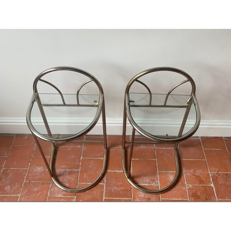 Pair of vintage Art Deco bedside tables in gold-tinted chrome and glass, France 1970