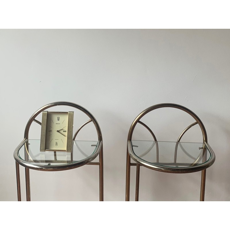 Pair of vintage Art Deco bedside tables in gold-tinted chrome and glass, France 1970
