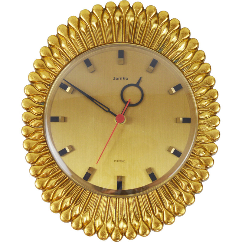 Vintage gold-plated brass hanging clock for Zentra, Germany 1960