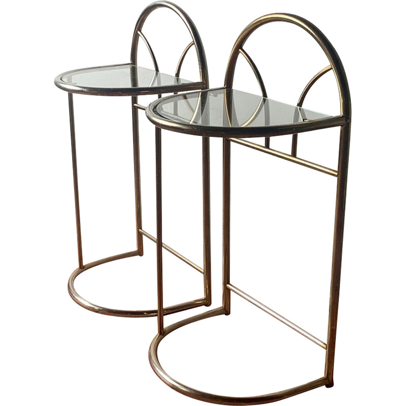 Pair of vintage Art Deco bedside tables in gold-tinted chrome and glass, France 1970