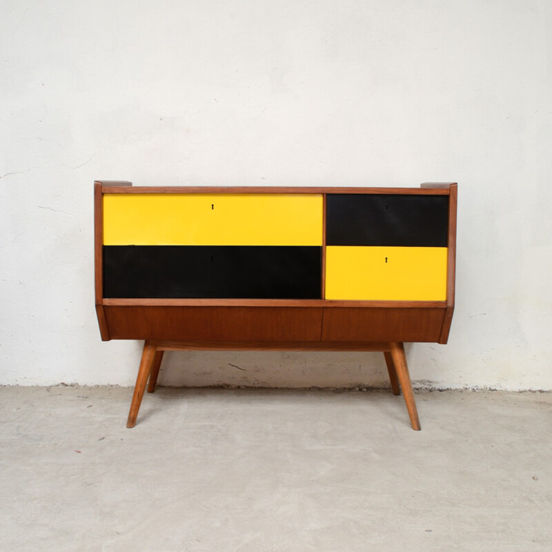 Vintage relooked yellow & black chest of drawers - 1950