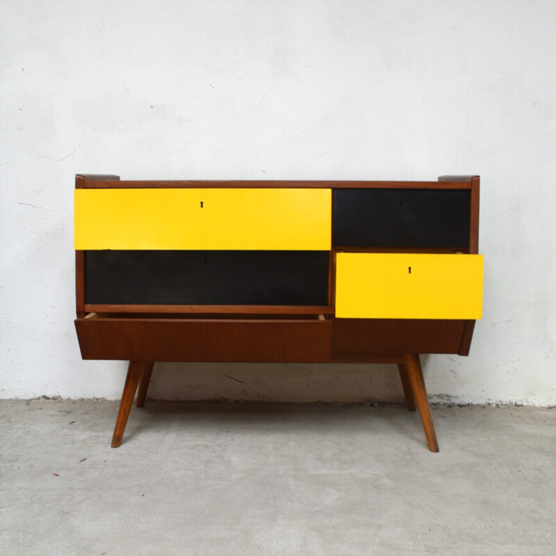 Vintage relooked yellow & black chest of drawers - 1950