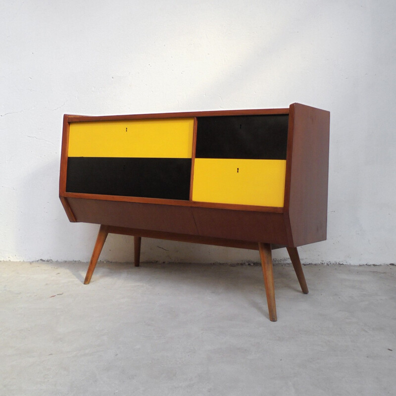 Vintage relooked yellow & black chest of drawers - 1950