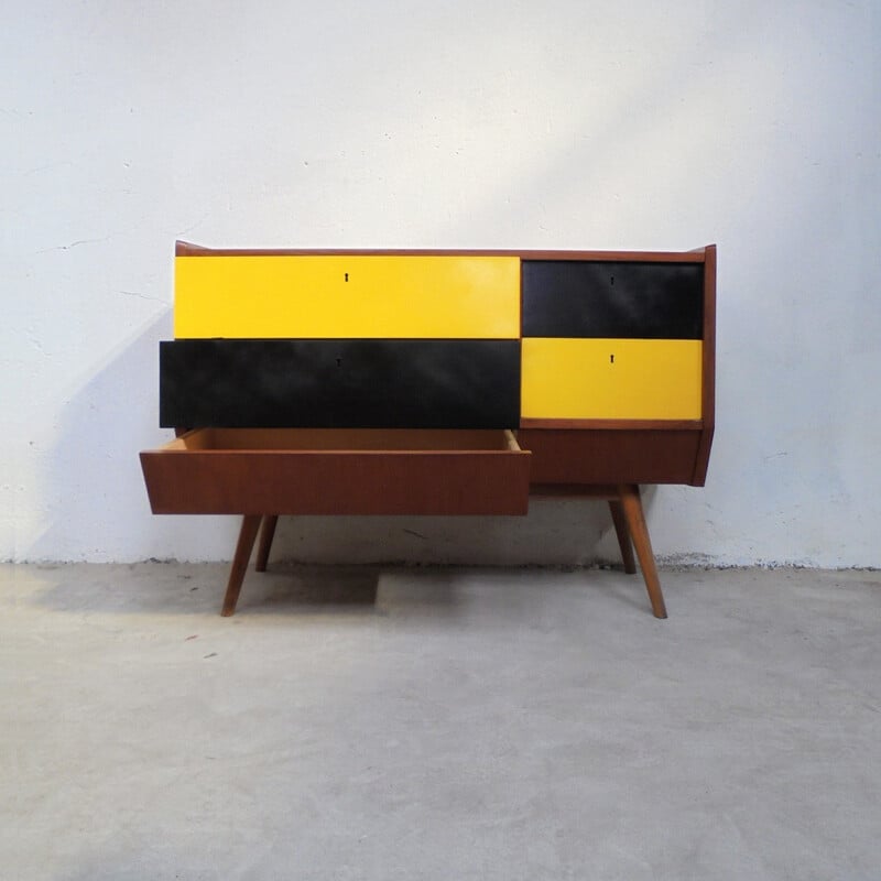 Vintage relooked yellow & black chest of drawers - 1950