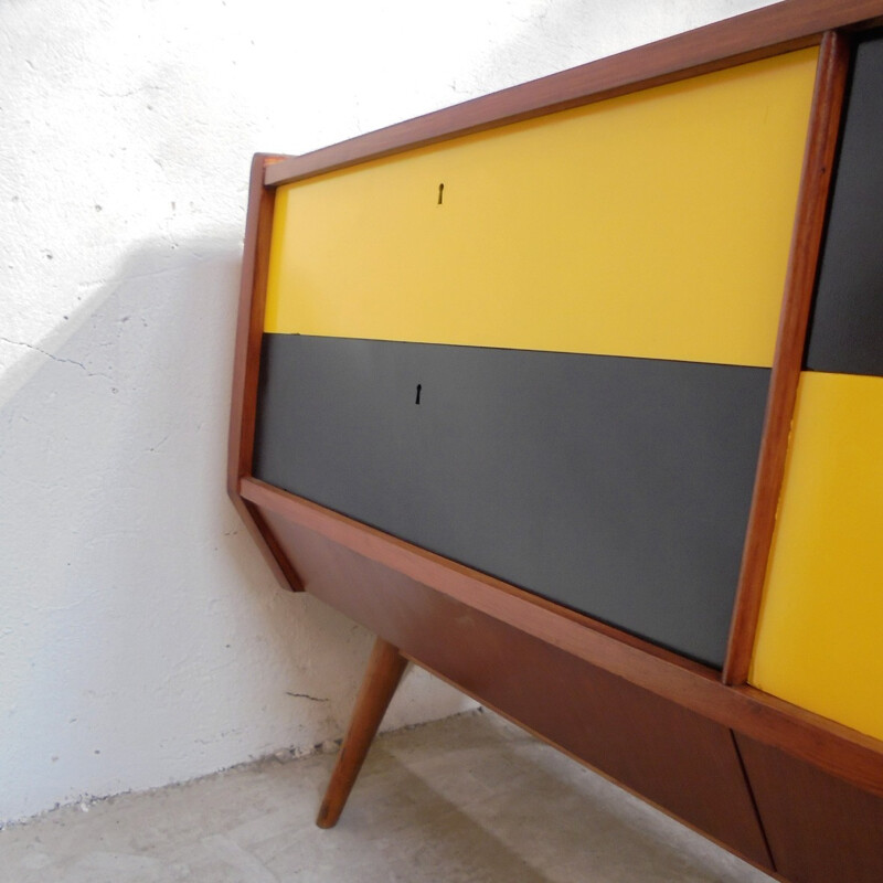 Vintage relooked yellow & black chest of drawers - 1950