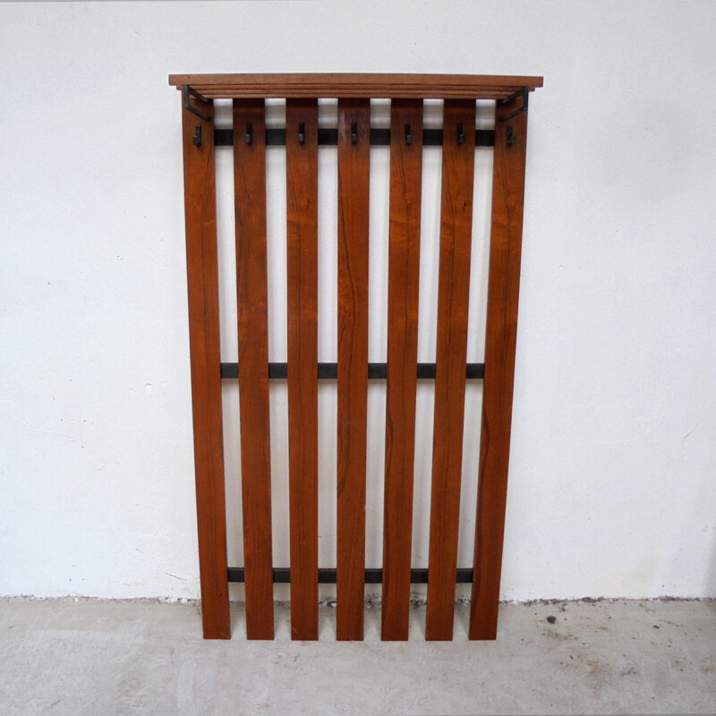  wall-mounted coat rack in black iron and wood - 1950s