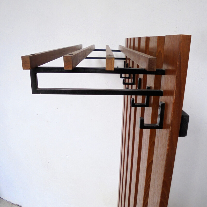  wall-mounted coat rack in black iron and wood - 1950s