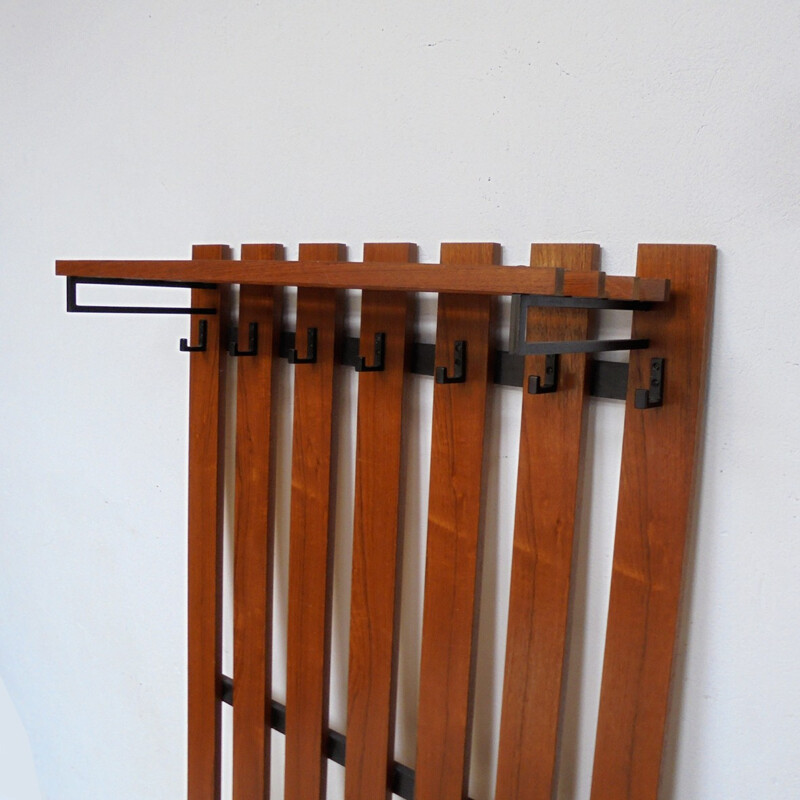 wall-mounted coat rack in black iron and wood - 1950s