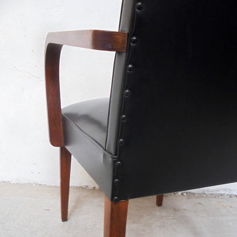  Fauteuil bridge en simili cuir noir - 1950 