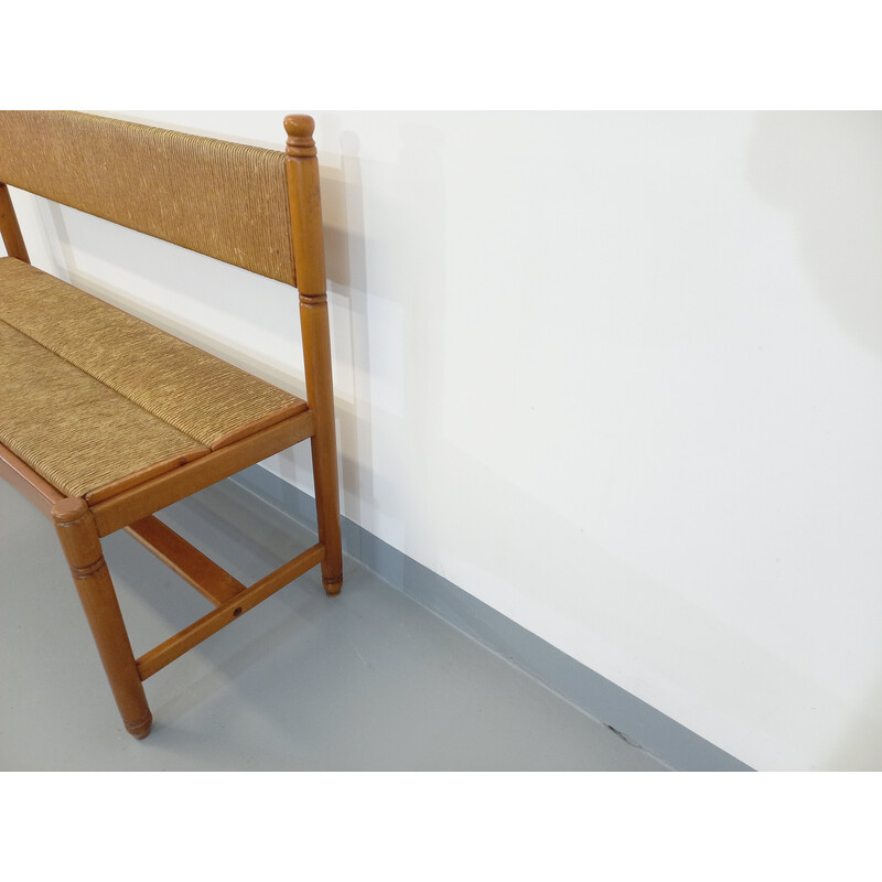 Vintage bench in beech and straw, 1960