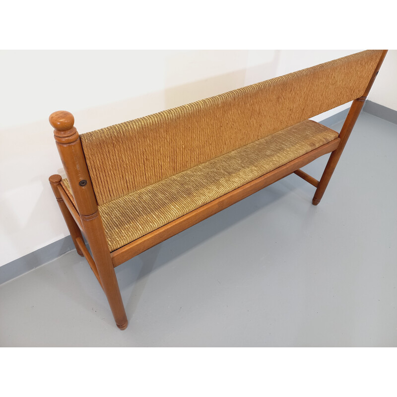 Vintage bench in beech and straw, 1960